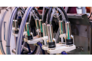 Close-up of cow milking machine components, including teat cups and milk hoses. The hoses are clear and clean.